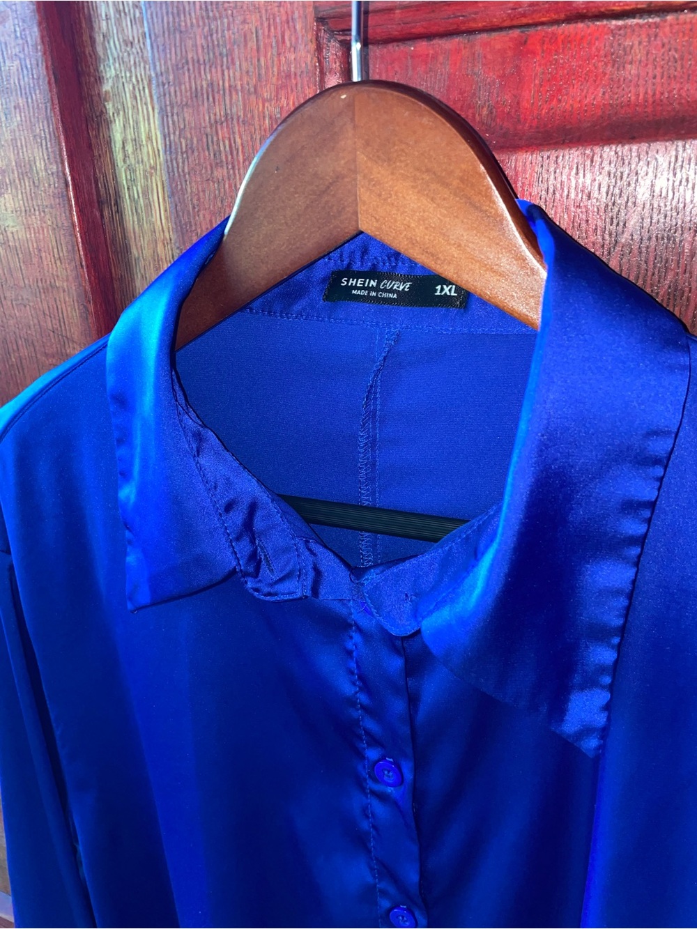 SHEIN Curve Satin Button-Up Blouse in Royal Blue 1X Like New